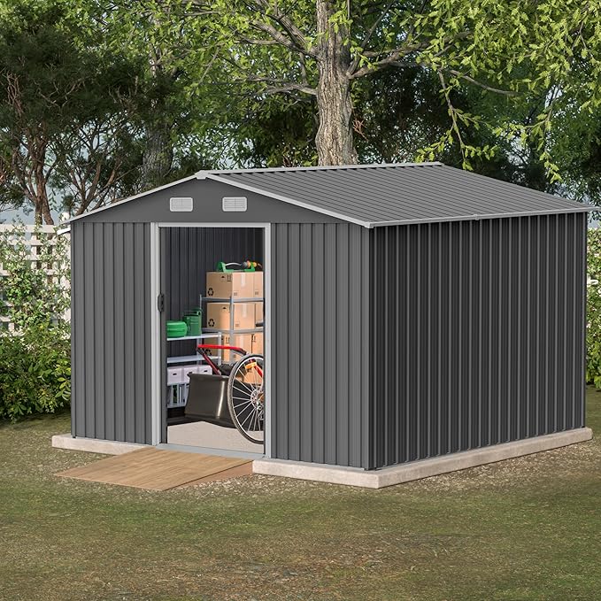 Favfurish 10×8 FT Metal Outdoor Storage Shed, Large Garden Sheds with Metal Foundation & Lockable Doors, All Weather Anti-Corrosion Galvanized Steel Tool House for Backyard Garden Lawn,Grey