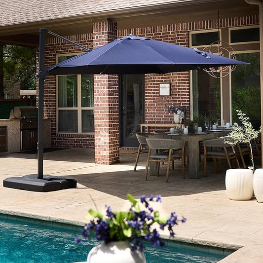 PURPLE LEAF 10' × 10' Patio Cantilever Umbrella with Base Outdoor Square Adjustable Offset Umbrellas with 360-degree Rotation and 8 Heavy Duty Metal Ribs for Garden Deck Pool Navy Blue