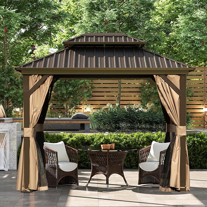 Domi 8'x10' Hardtop Gazebo Canopy Metal,Outdoor Metal Gazebo with Galvanized Steel Double Roof,Curtain and Netting,Permanent Gazebos Pavilion for Patio Deck,Backyard