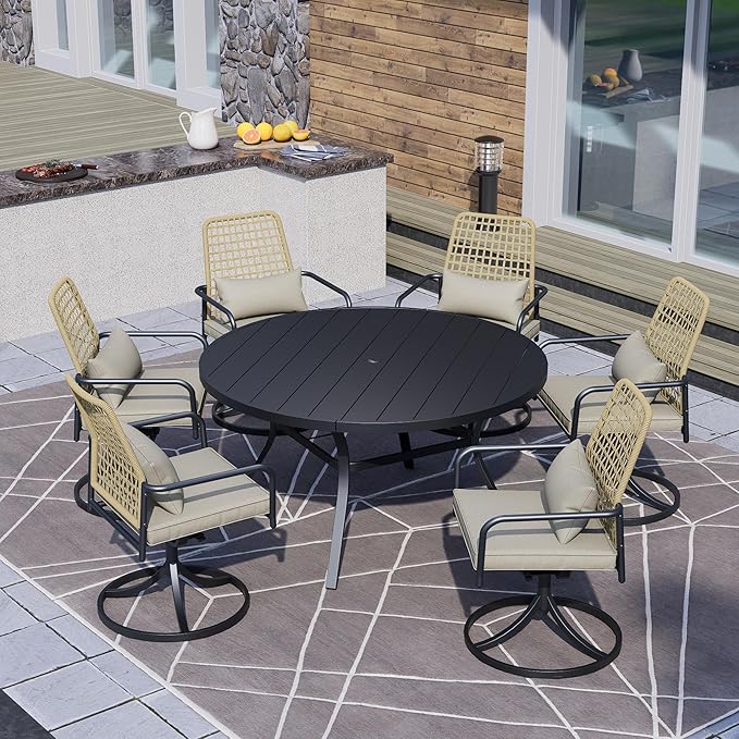 7-Piece Outdoor Patio Dining Set, 58''Round PatioTable with 6 Wicker Swivel Chairs All Weather Frame Furniture Set withGray Cushions