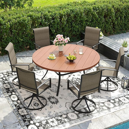 DIFY 50" Round Outdoor Patio Dining Table for 6, Metal Patio Table with 1.57" Adjustable Umbrella Hole, All-Weather Dining Furniture Table for Backyard Lawn Garden, Walnut