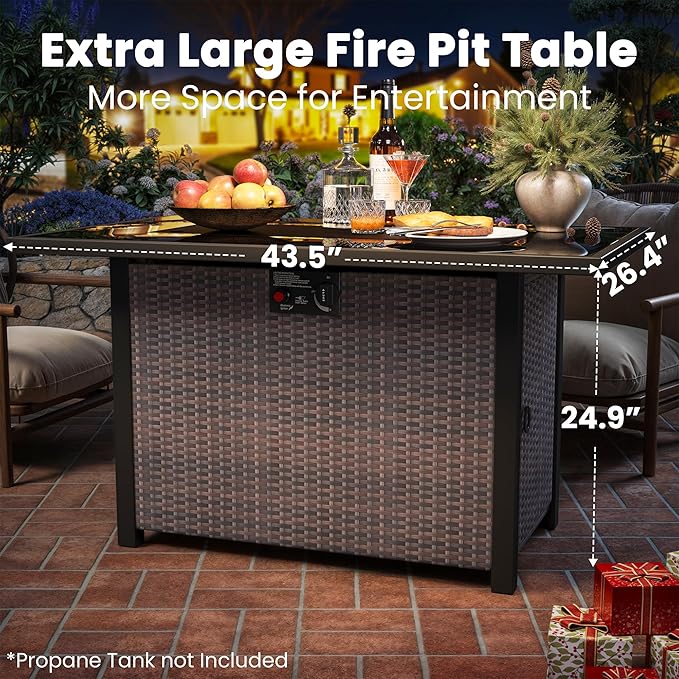 Propane Fire Pit Table, Outdoor Fire Pit Table, 43" Rattan Rectangle Outdoor Gas FirePit with Glass Wind Guard, Tempered Glass Tabletop, Lid, CSA Listed, 60,000 BTU, Outside Patio Deck & Garden, Brown