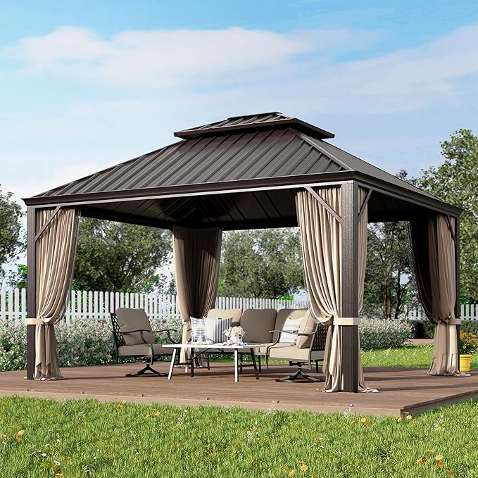 GREEN PARTY 12 X 14ft Hardtop Gazebo with Nettings and Curtains, Heavy Duty Double Roof Galvanized Steel, Outdoor Aluminum Gazebos Pergolas for Patios, Backyard, Deck, Garden, Lawns