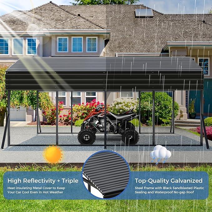 Carport Canopy 12’X20’ Heavy Duty Car Port Galvanized Steel Roof, Reinforced Stable Triangle Frame for Snowy Windy Metal Carports Enhanced Base Car Tent for Car,RV,Pickup,Boat,Truck,Tractor