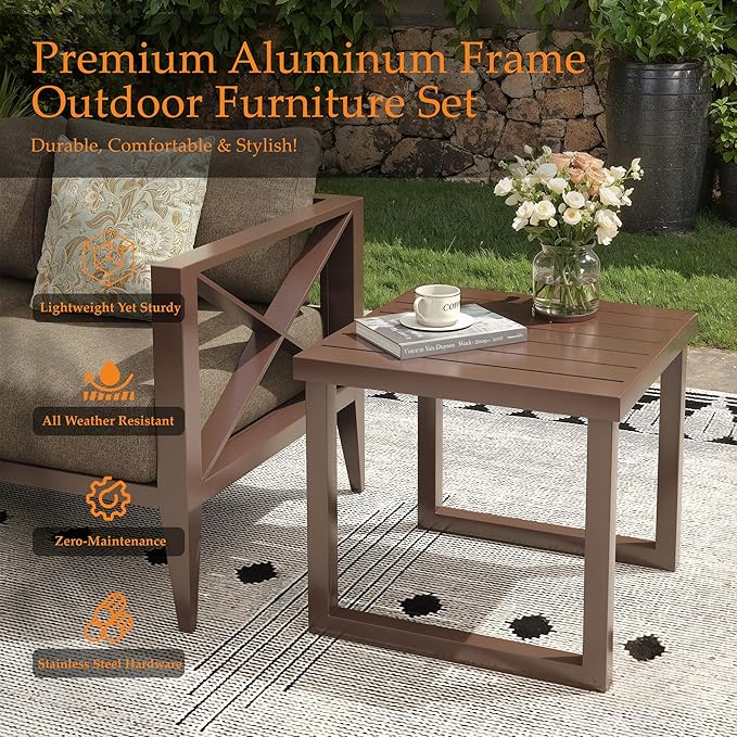 Aluminum Patio Furniture Set,8-Seats Patio Sectional Conversation Sofa with 6" All-Weather Cushions and 2 Swivel Rocking Chairs & 2 Ottomans,Furniture Set(Brown)