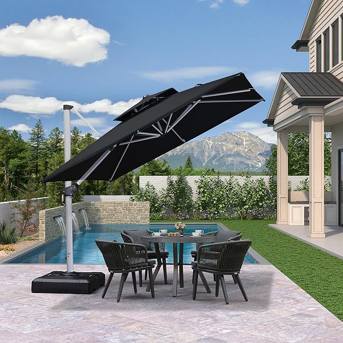 PURPLE LEAF 9 FT Cantilever Patio Umbrellas with Base Included, Large Square Offset Umbrella with 360° Rotation, Outdoor Aluminum Pool Umbrella for Pool Lawn Garden, Black