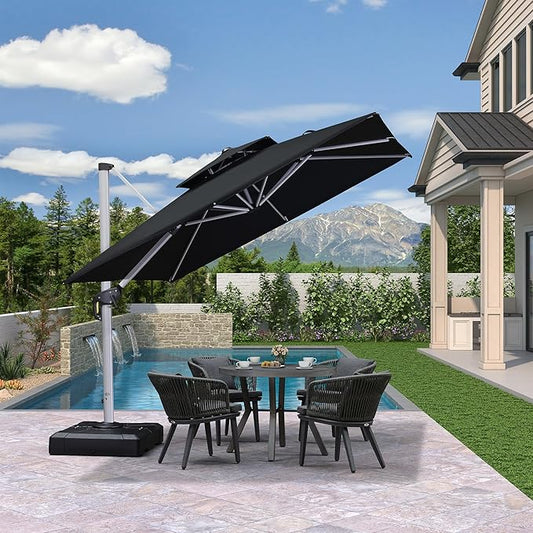 PURPLE LEAF 9 FT Cantilever Patio Umbrellas with Base Included, Large Square Offset Umbrella with 360° Rotation, Outdoor Aluminum Pool Umbrella for Pool Lawn Garden, Black