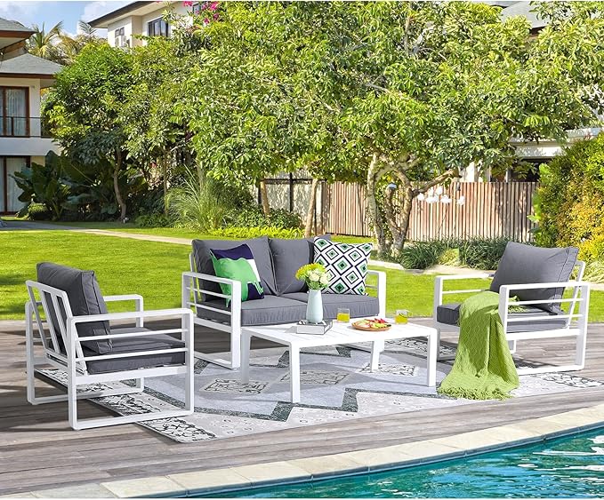 Patiorama Aluminum Patio Furniture Set, 4 PCS Modern Patio Conversation Set, All Weather White Outdoor Sectional Sofa Set w/Coffee Table, Loveseat, Superior Olefin Cushion, Garden-Grey Cushion