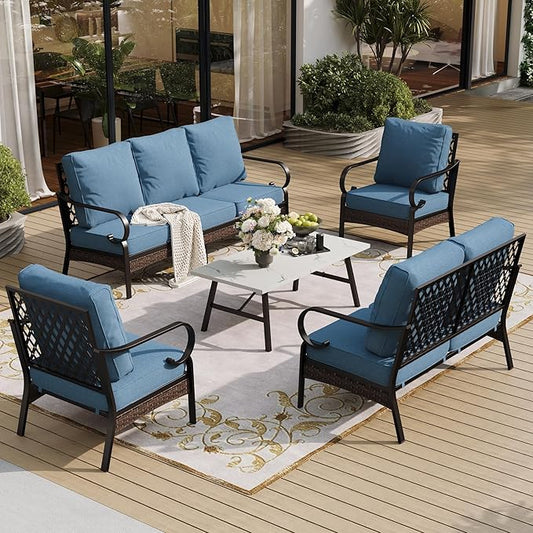 5 Piece Metal Outdoor Patio Furniture Set, Patio Conversation Sets with 3-Seater Sofa, Loveseat, 2 Fixed Sofa (5.75" Thick Cushion) & Coffee Table Black Backyard Furniture, Denim Blue