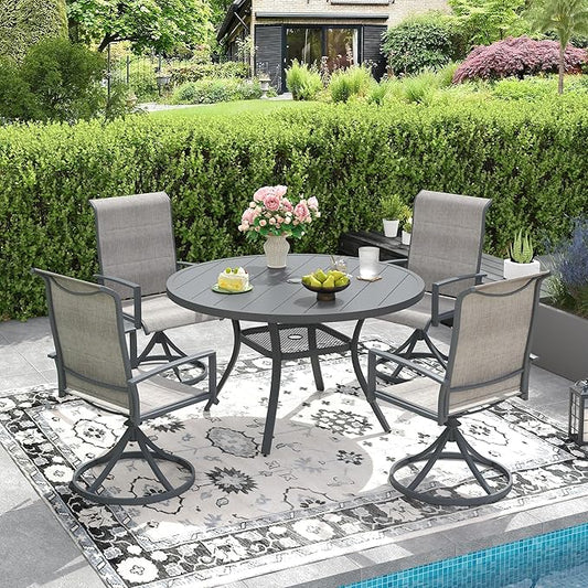DIFY Outdoor Dining Table for 4, Round Patio Table with Umbrella Hole for Garden, Backyard and Porch (Dark Grey)