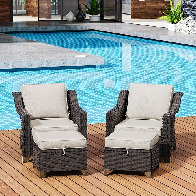4 Pieces Patio Conversation Furniture Set - 2 Chairs with Ottomans Set of 2, Outdoor Wicker Armchairs with Water-Resistant and Washable Cushions for Porch, Balcony, Sunroom (Beige)