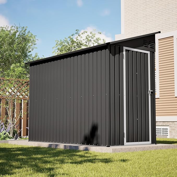 4×8 FT Lean to Metal Shed,Outdoor Heavy-Duty Storage Shed with Floor Base,All Weather Waterproof Garden Tool House W/Lockable Door&2 Air Vent,Reversible Door Design,for Backyard,Patio,Lawn,Black