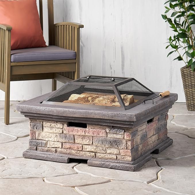 29 Inch Fire Pits for Outside Wood Burning, MGO Square Firepits for Outside, Wood Burning Fire Pit for Camping, Garden, Backyard, Bonfire Party, Stone Gray