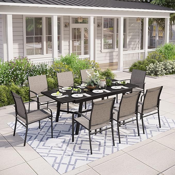 9 Pieces Patio Table and Chairs Set, Patio Dining Set for 8, 8 Brown Textilene Chairs and 1 Expandable Patio Dining Table with Umbrella Hole, for Deck Backyard Lawn Poolside