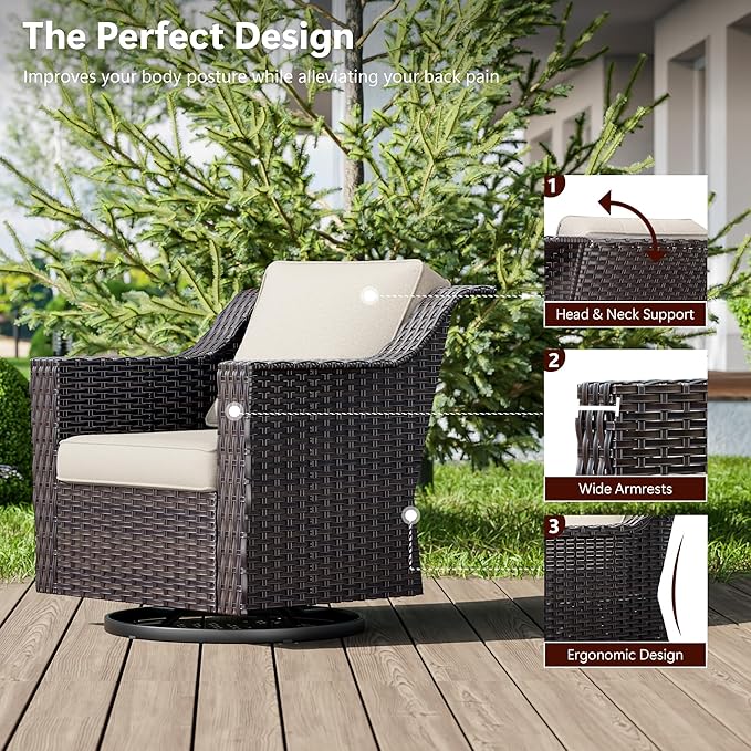 6 Pieces Wicker Patio Furniture, Luxury Outdoor Furniture with 2 Patio Swivel Chair, 3-Seater Sofa, 2 Patio Ottoman and 1 Side Table, Wide Armrest, Thickened Cushions