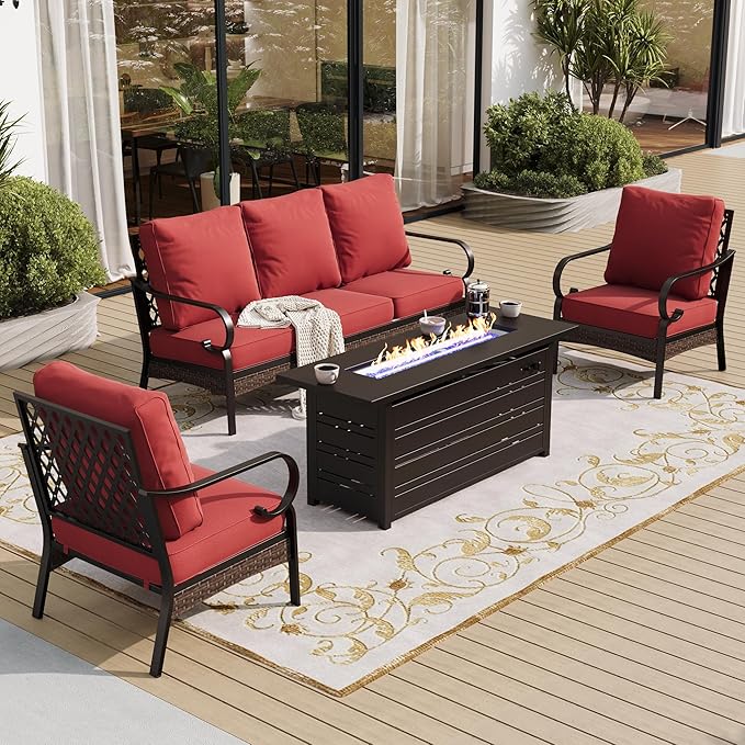 4 Piece Black Metal Outdoor Patio Furniture Sets with Firepit Table, Patio Conversation Sets 1 3-Seater Sofa, 2 Chairs with 5.75" Thick Cushion Backyard Furniture for Deck, Rust Red