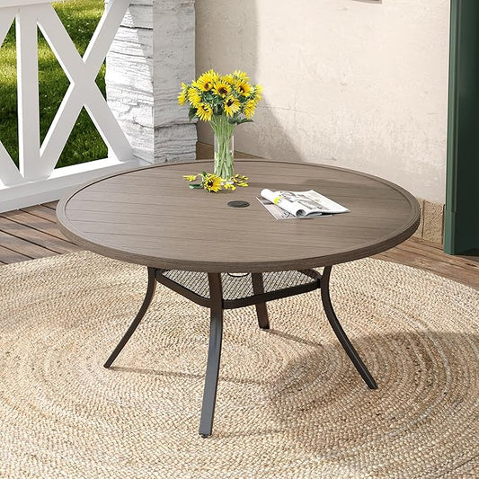 DIFY 48" Round Patio Dining Table for 6, Outdoor Metal Dining Table with 1.57" Umbrella Hole for Backyard Lawn Garden, Grey Wood-Like