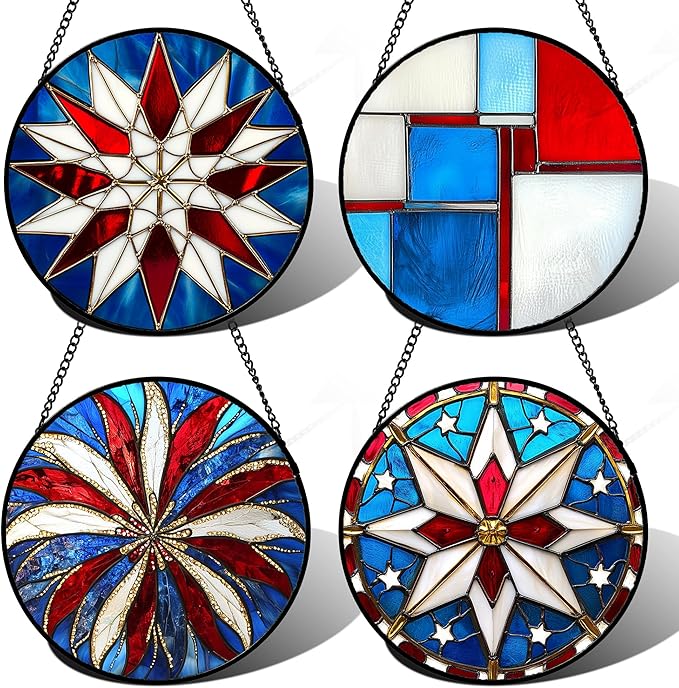 AMDERVEN Stained Glass Window Hanging 4 Pcs Set Abstract Flowers in Red White Blue 6.3" - Suncatcher Door Garden Sun Catcher Decor Birthday Mother's Day Xmas Gift for Mom Woman Nana Men Parents