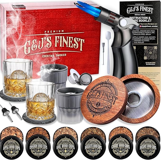 Whiskey Smoker Kit | Cocktail Smoker Kit with Torch, Scorch Shield, Lid, 6 Wood Chips & Gift Box for Smoked Old Fashioned| Bourbon Smoker