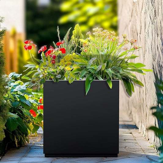 Large Metal Planter for Indoor & Outdoor, Square Planter Boxes with Drainage Holes, Tall Divider Planter Box All-Weather Use for Plants, Flowers, 17" L x 17" W x 18" H, Black