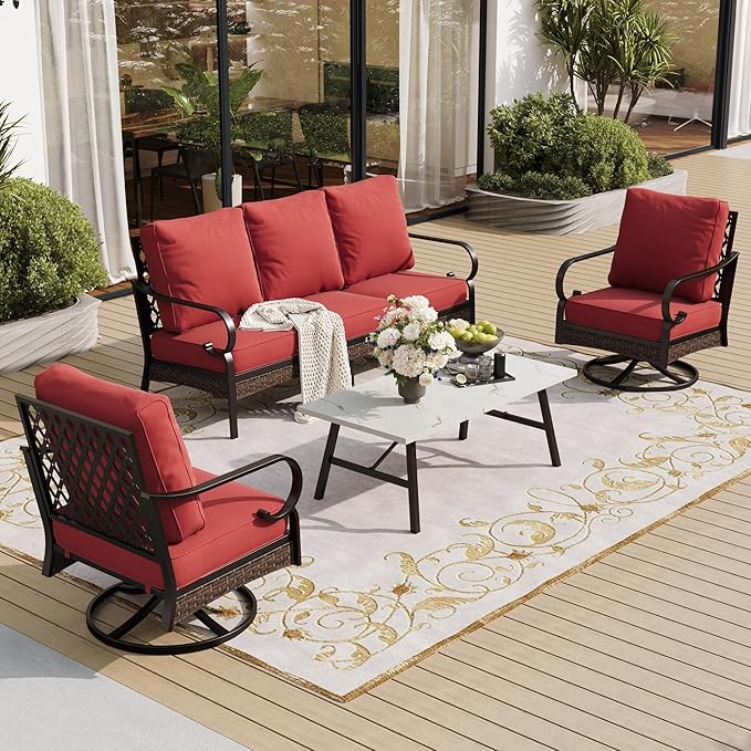 4 PCS Metal Outdoor Patio Furniture Set, Patio Conversation Sets 3-Seater Sofa, 2 Swivel Chairs with 5.75" Extra Thick Cushion & Coffee Table, Black Frame Backyard Furniture, Rust Red