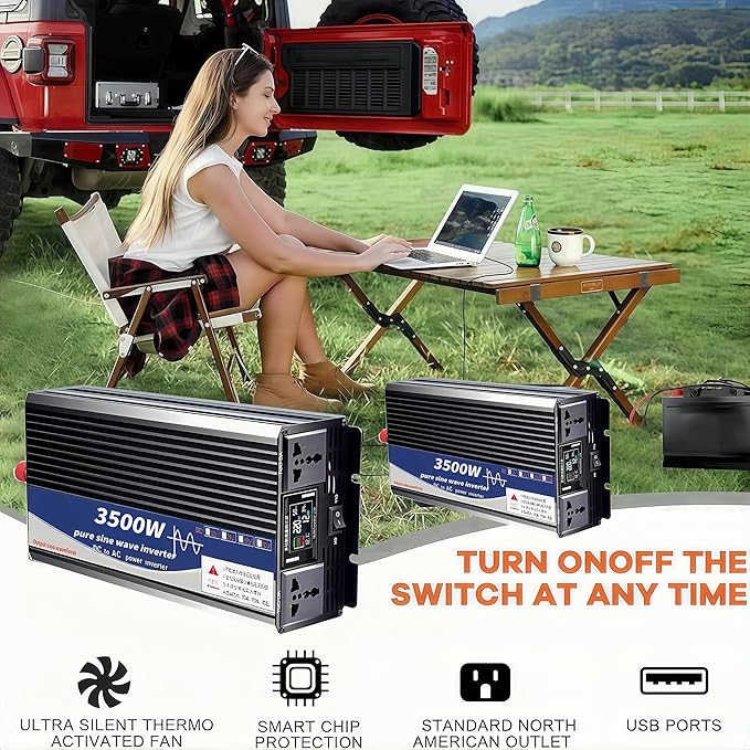 3500W Power Inverter 60V DC to 110V AC Converter with LED Display Dual AC Outlets Dual Fans Radiating for RV, Camp, Boat and Home Emergency Portable Pure Sine Wave Inverter (Smart Screen, 3500W 60V)
