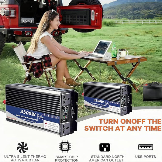 3500 Watt Power Inverter 12V DC to 220V AC Converter, RV Inverter, LED Display with 2 AC Outlets Dual Fans Radiating, for RV, Camp and Home, Electric Tool Pure Sine Wave Inverter (220V, 3500W 12V)