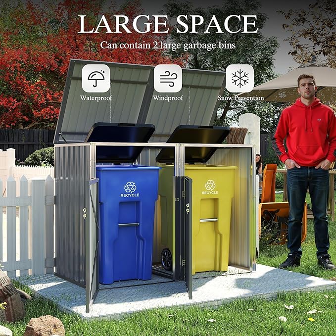 Outdoor Storage Shed Metal Trash Can Storage,54 Cu.Ft Garbage Can Storage Shed W/Lid Chain,Hydraulic Mechanism & Pneumatic Spring Support Rods,for 2 Trash Bins,Bike,Garden Tools,Light Gray