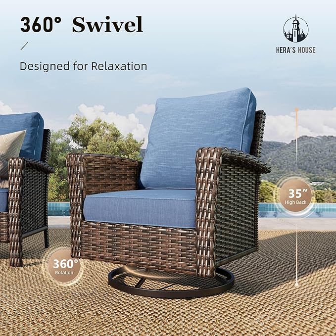 HERA'S HOUSE Patio Furniture Set, 4 x High Back Swivel Chairs with 5.5" Comfy Cushions, 6 Pieces Outdoor Wicker Conversation Set for Lawn Deck Backyard, Navy Blue