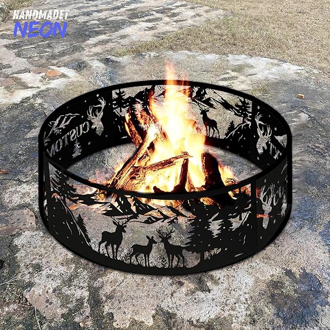 Personalized Deer Fire Pit Ring 360 Degree, Outdoor Fireplace, Custom Text Fire Pits for Outside Wood Burning, Patio Firepit, Camping Bonfire Firepits, BBQ Backyard Garden Decor
