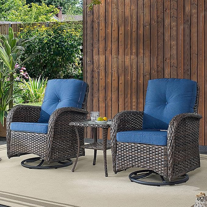 Belord 7 Piece Outdoor Patio Wicker Furniture Sets with Swivel Rocker Chairs, Rattan Loveseat Conversation Sets for Patio Deck Backyard Poolside, Blue Cushion