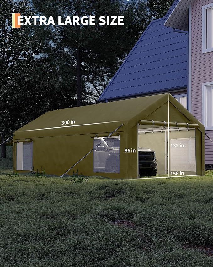 13x25 FT Carport,Heavy-Duty Carport with 4 Roll-Up Windows & Doors, Portable Garage 200g PE Tarp, Waterproof & UV Protected Outdoor Shelter for Car, Boat, Truck, Motorcycle