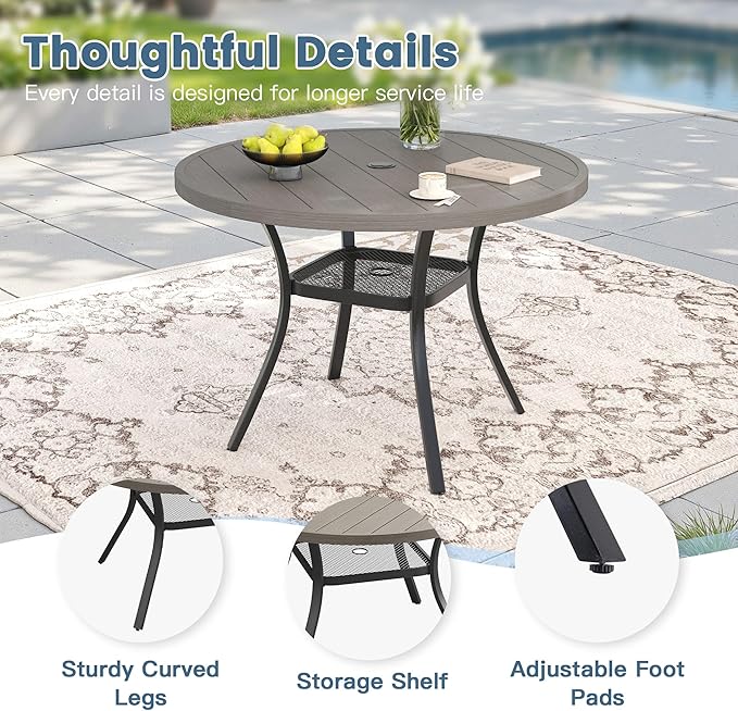 DIFY Outdoor Dining Table for 4, Round Patio Table with Umbrella Hole for Garden, Backyard and Porch (Grey)