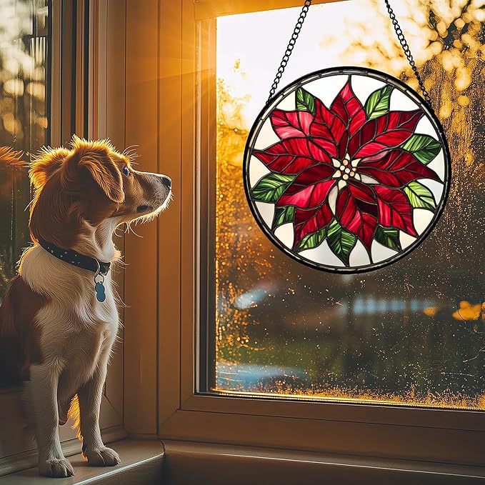 CRISGIF Stained Glass Window Hanging - Red Poinsettia Birth Flower Suncatcher for Door Garden Yard Sun Catchers Decor Christmas Mother's Day Birthday Gifts for Women Mom Nana Friend Men 7.8 in