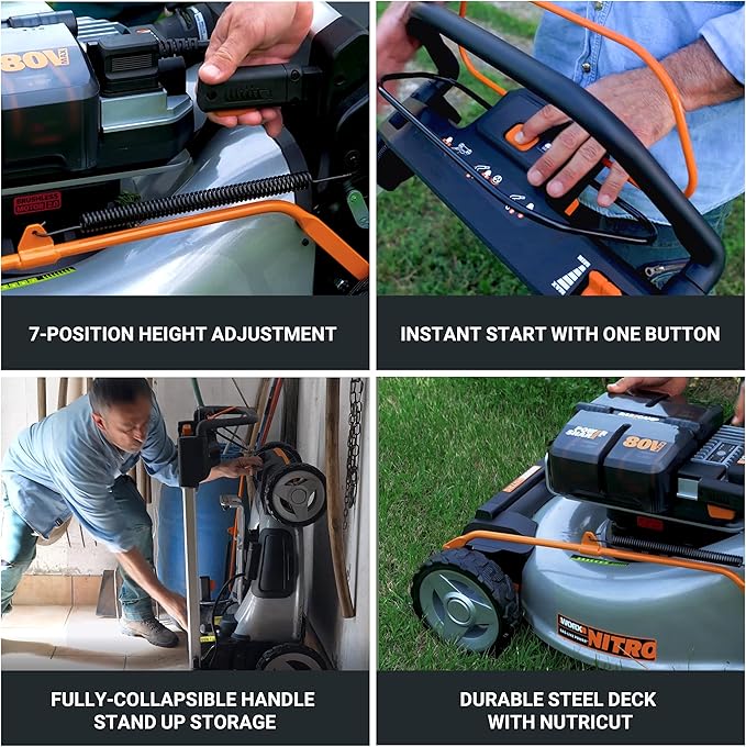 Worx Nitro 80V Cordless Lawn Mower, Electric Mower with Brushless Motor, 3-in-1 Self-Propelled Lawn Mower WG761-4 Batteries & Basecamp Charger Included