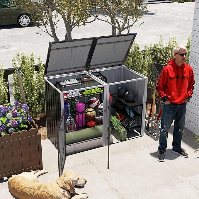 Outdoor Storage Shed Metal Trash Can Storage,54 Cu.Ft Garbage Can Storage Shed W/Lid Chain,Hydraulic Mechanism & Pneumatic Spring Support Rods,for 2 Trash Bins,Bike,Garden Tools,Dark Gray
