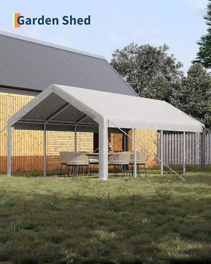 13x25 FT Carport,Heavy-Duty Carport with 4 Roll-Up Windows & Doors, Portable Garage 200g PE Tarp, Waterproof & UV Protected Outdoor Shelter for Car, Boat, Truck, Motorcycle