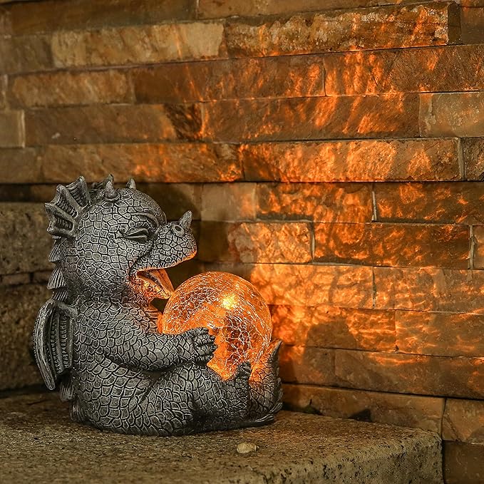 Jy.Cozy Garden Dragon Statue Solar Powered Outdoor Figurine Light Decor Cute and Hold Glowing Glass Ball Resin Sculpture Home Decoration for Porch Patio Lawn Farm Yard Housewarming Ornament Gift