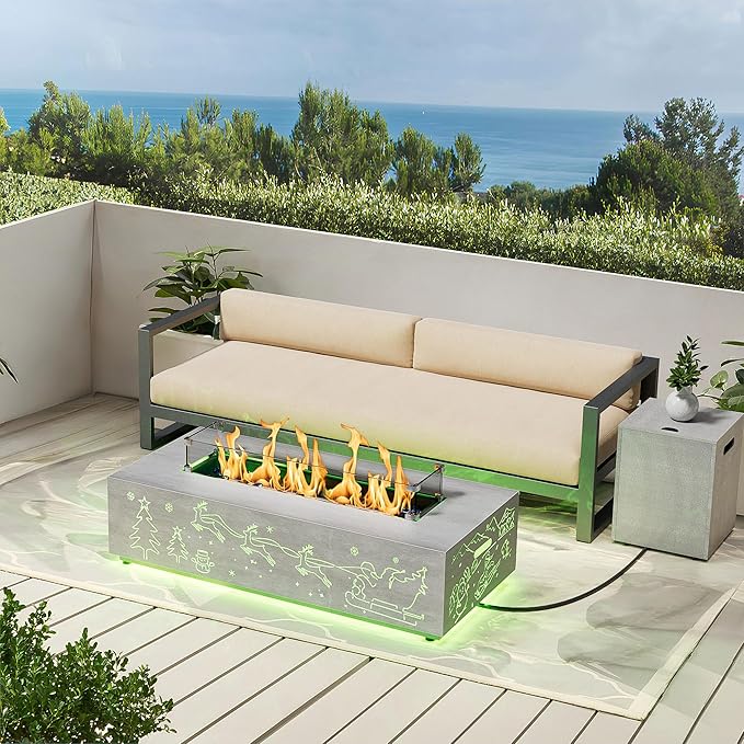 42" Propane Fire Pit Table with Christmas Cutout Decoration and RGB Lights – 50,000 BTU with Wind Guard Glass, Lid, Rocks and Cover – Outdoor Fireplace (Light Grey/Christmas RGB, 42" LED)