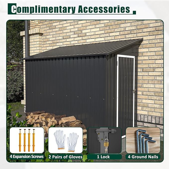 8x4 FT Outdoor Storage Shed, Metal Shed with Lockable Door, Sloping Roof, All-Weather Lean to Resin Shed for Garden, Backyard, Patio, Lawn (Black)