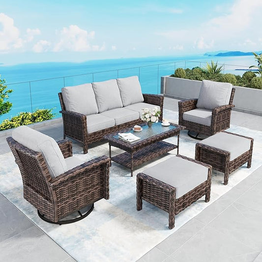 6 Piece Patio Furniture Set with Swivel Chairs, High Back Wicker Rattan Sofa with Extra Thick Cushion, Coffee Table and Ottoman, Outdoor Conversation Set for Backyard Deck, Grey