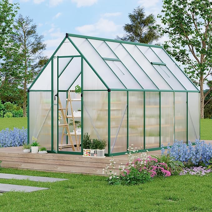 Polycarbonate Greenhouse for Outdoors, Large Walk-InGreenhouse with Quick Setup Structure and Roof Vent, Greenhouse with Ventilation