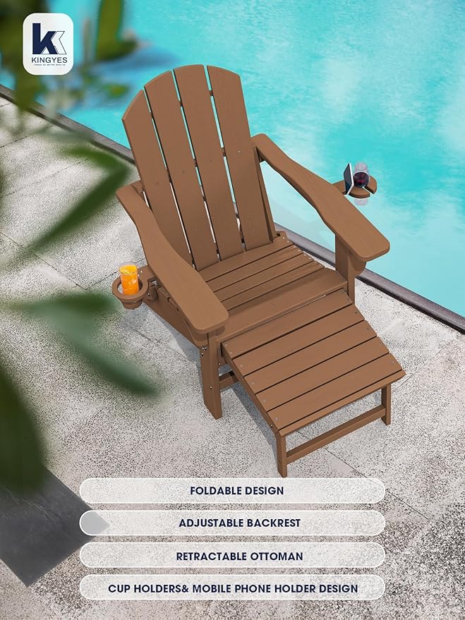 KINGYES Folding Adjustable Adirondack Chair with Ottoman & 2 Cup Holders, HDEP Reclining Adirondack Chair with Footrest, Brown
