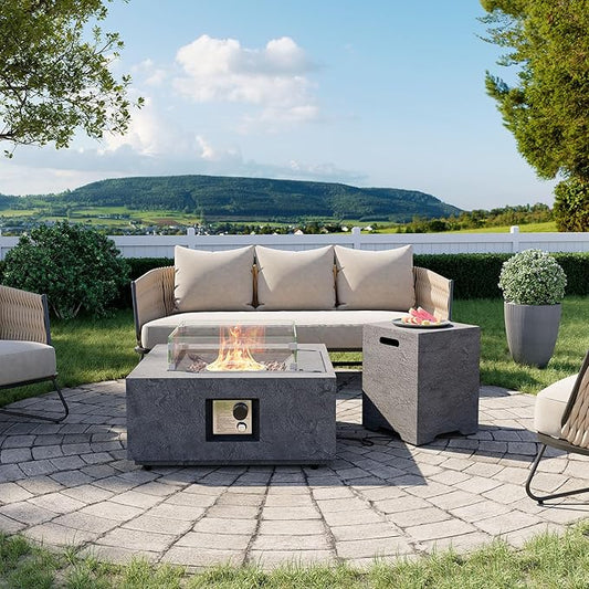 Cosiest Propane Fire Pit with Wind Guard&Tank Cover for Outside, 28 in Square Gas Fire Pits for Outdoor Patio, Certified, 50000 BTU Concrete Rectangle Base with Rain Cover, Free Lava Rocks