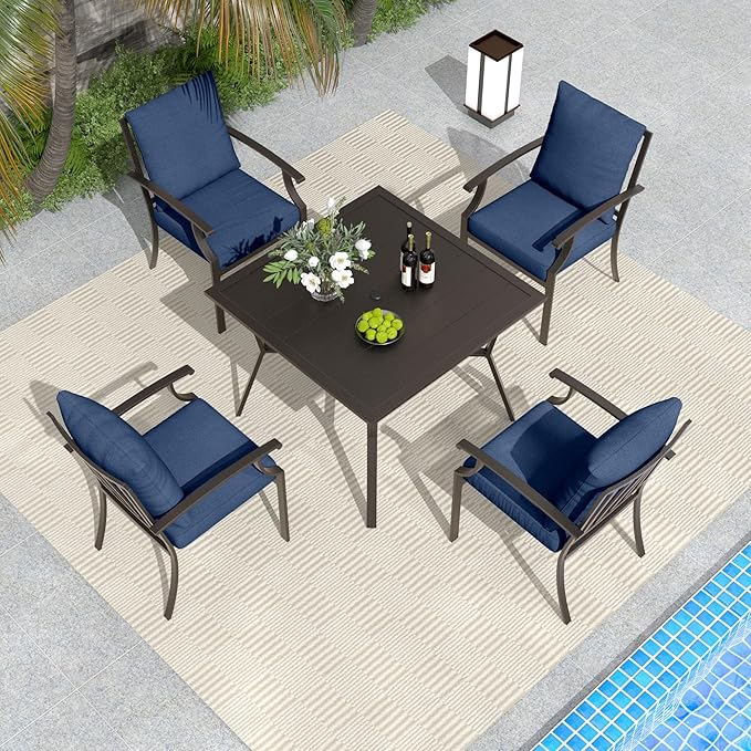 5-Piece Outdoor Patio Dining Set，4pcs Mental Chairs and 38’’ Round Dining Table with Umbrella Hole for Patio, Deck, Yard，Garden, Dark Blue