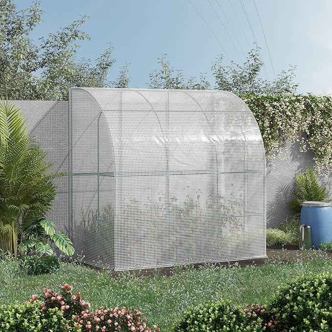 Outsunny 7' x 4' x 7' Outdoor Lean to Greenhouse, Walk-in Green House Plant Nursery with Roll-up Window, PE Cover, White