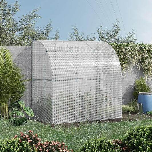 Outsunny 7' x 4' x 7' Outdoor Lean to Greenhouse, Walk-in Green House Plant Nursery with Roll-up Window, PE Cover, White