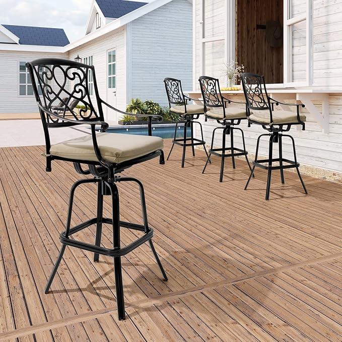 Crestlive Products Outdoor Bar Stools with Sunbrella Cushion Set of 2, 360° Swivel Patio Bar Height Chairs, All Weather Heavy Duty Commercial Grade Furniture, Antique Brown Finish for Outside (Tan)