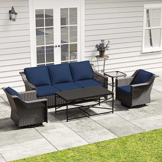 5 Pieces Outdoor Conversation Furniture Set - 77" Patio Sofa, 2 Swivel Rocker Chairs, 1 Side Table, 1 Metal Table, Patio Wicker Couch Set with Washable Cushions for Porch (Navy Blue)