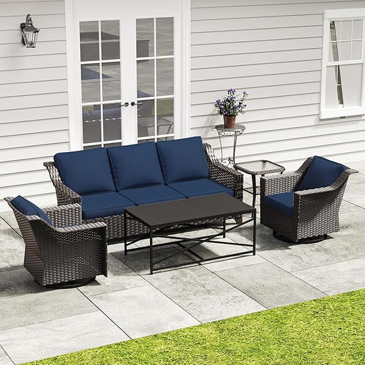 5 Pieces Outdoor Conversation Furniture Set - 77" Patio Sofa, 2 Swivel Rocker Chairs, 1 Side Table, 1 Metal Table, Patio Wicker Couch Set with Washable Cushions for Porch (Navy Blue)